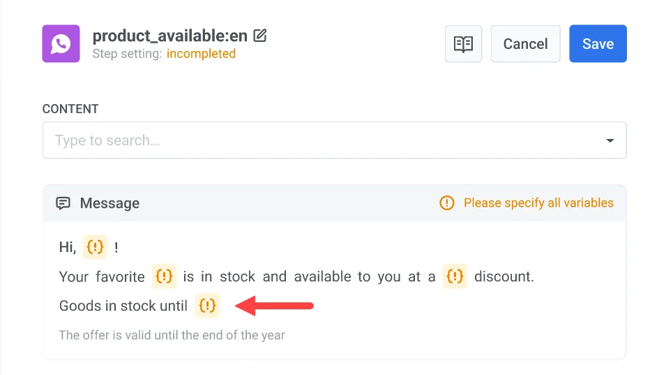 Preview of WhatsApp template selection with placeholders