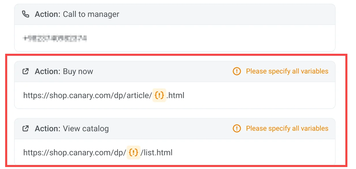 Preview of WhatsApp message template with dynamic action URL placeholders in Pushwoosh