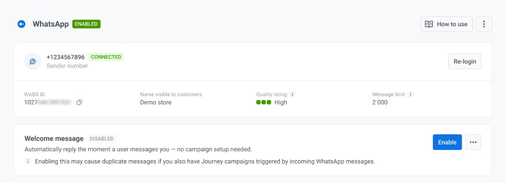 WhatsApp management screen with sender status, WABA ID, quality rating, message limit, and welcome message