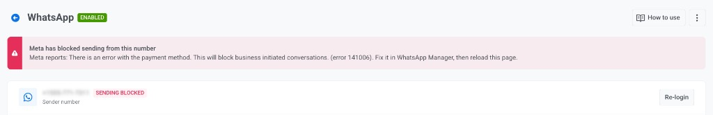 WhatsApp error banner for blocked sending with payment method reason, and Sending blocked badge