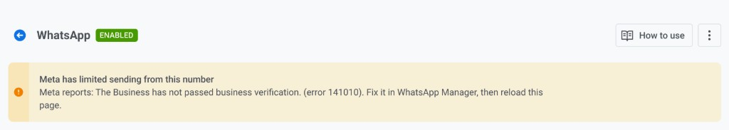 WhatsApp warning banner for limited sending when business verification has not passed