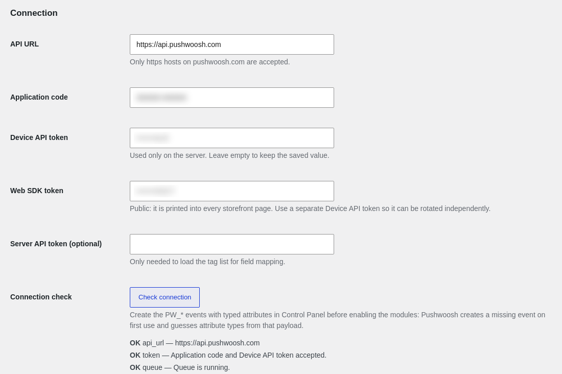 Connection section of the Pushwoosh settings in WooCommerce with the Check connection results