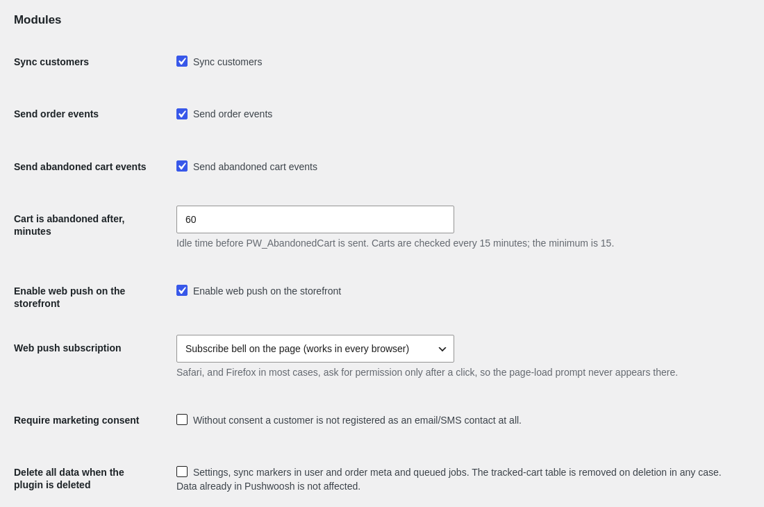 Modules section of the Pushwoosh settings in WooCommerce